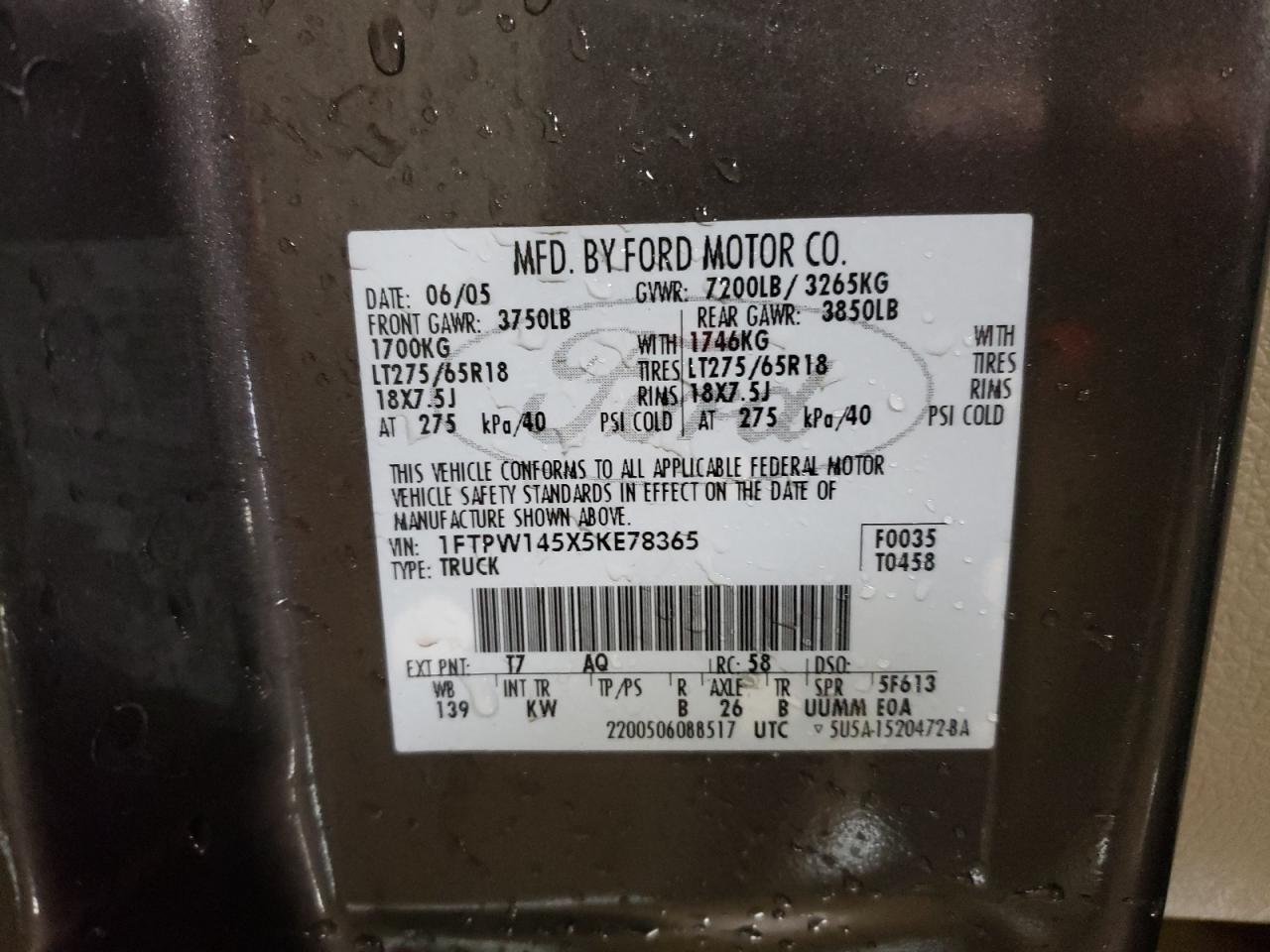 2005 Ford F-150 VIN 1FTPW145X5KE78365 Copart auction photo, front end damage thumbnail 12