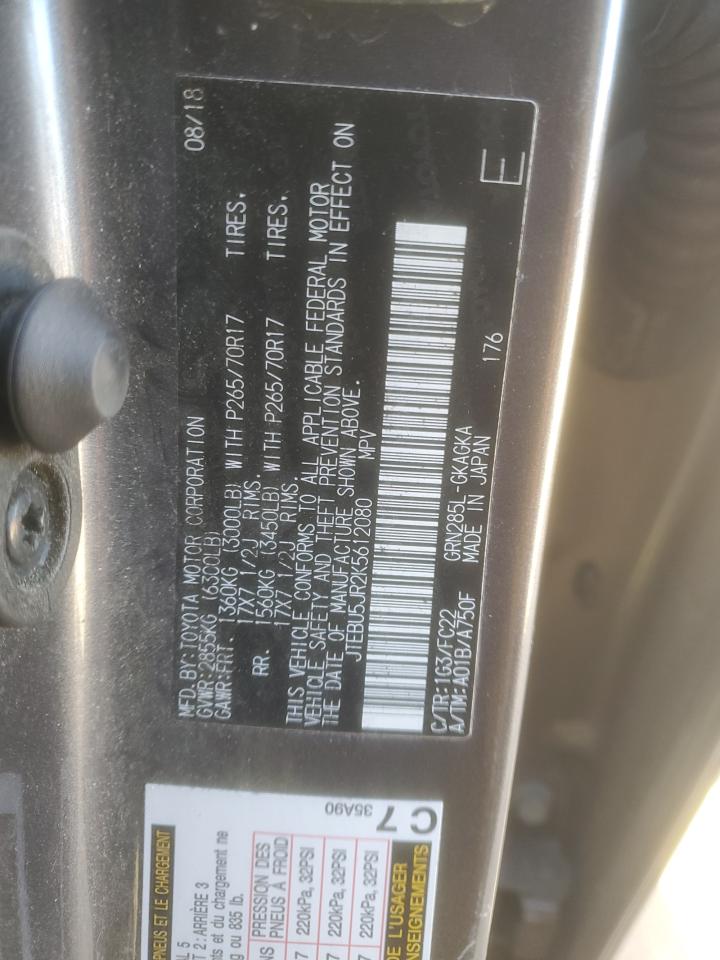 2019 Toyota 4Runner VIN JTEBU5JR2K5612080 Copart auction photo, front end / rear end damage thumbnail 15