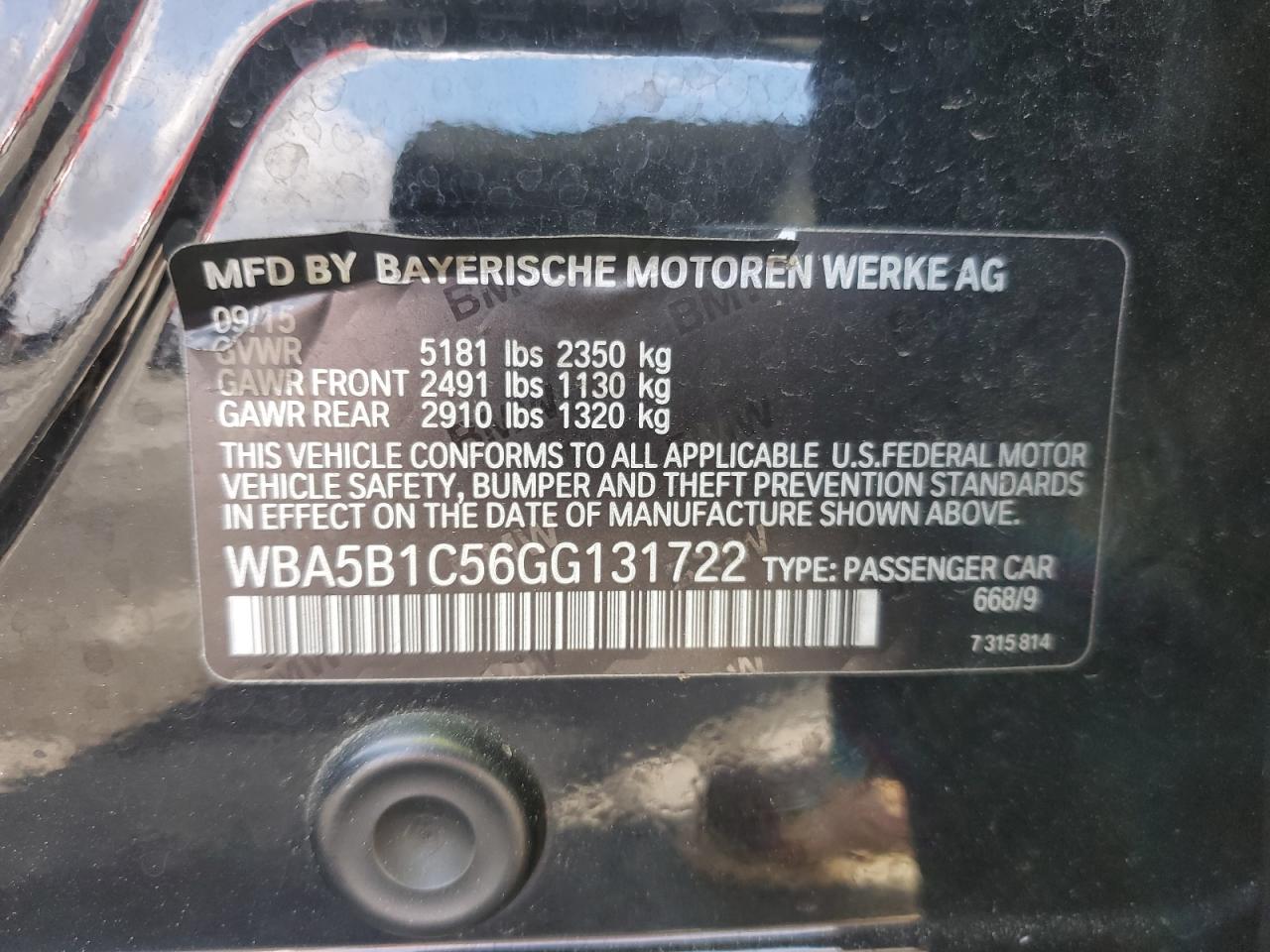 2016 BMW 5er VIN WBA5B1C56GG131722 Copart auction photo, rear end damage thumbnail 12