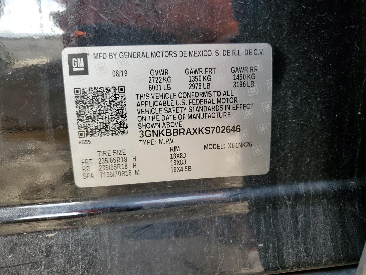 2019 Chevrolet Blazer VIN 3GNKBBRAXKS702646 Copart auction photo, front end damage thumbnail 15