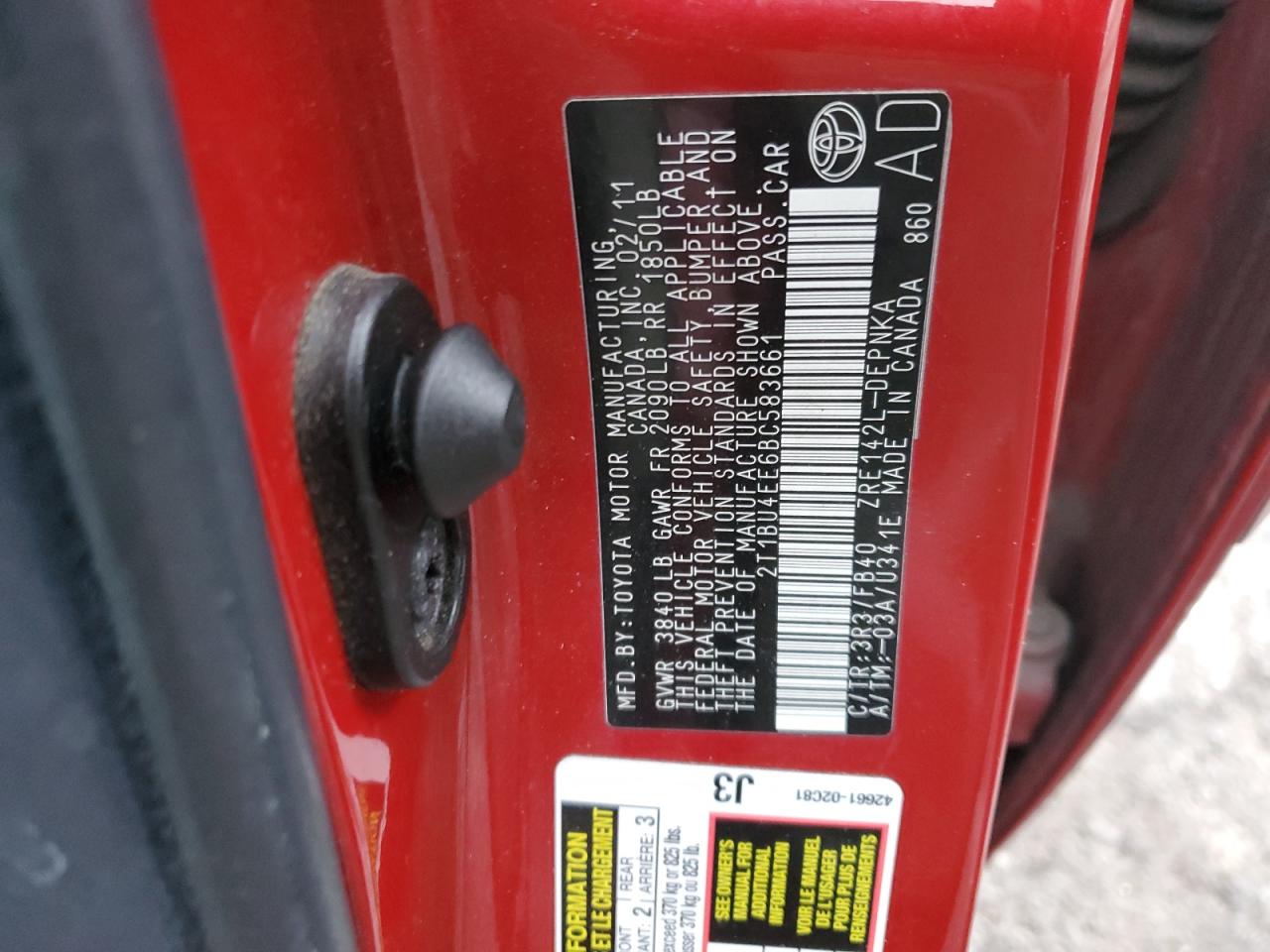 2011 Toyota Corolla VIN 2T1BU4EE6BC583661 Copart auction photo, front end / side damage thumbnail 12