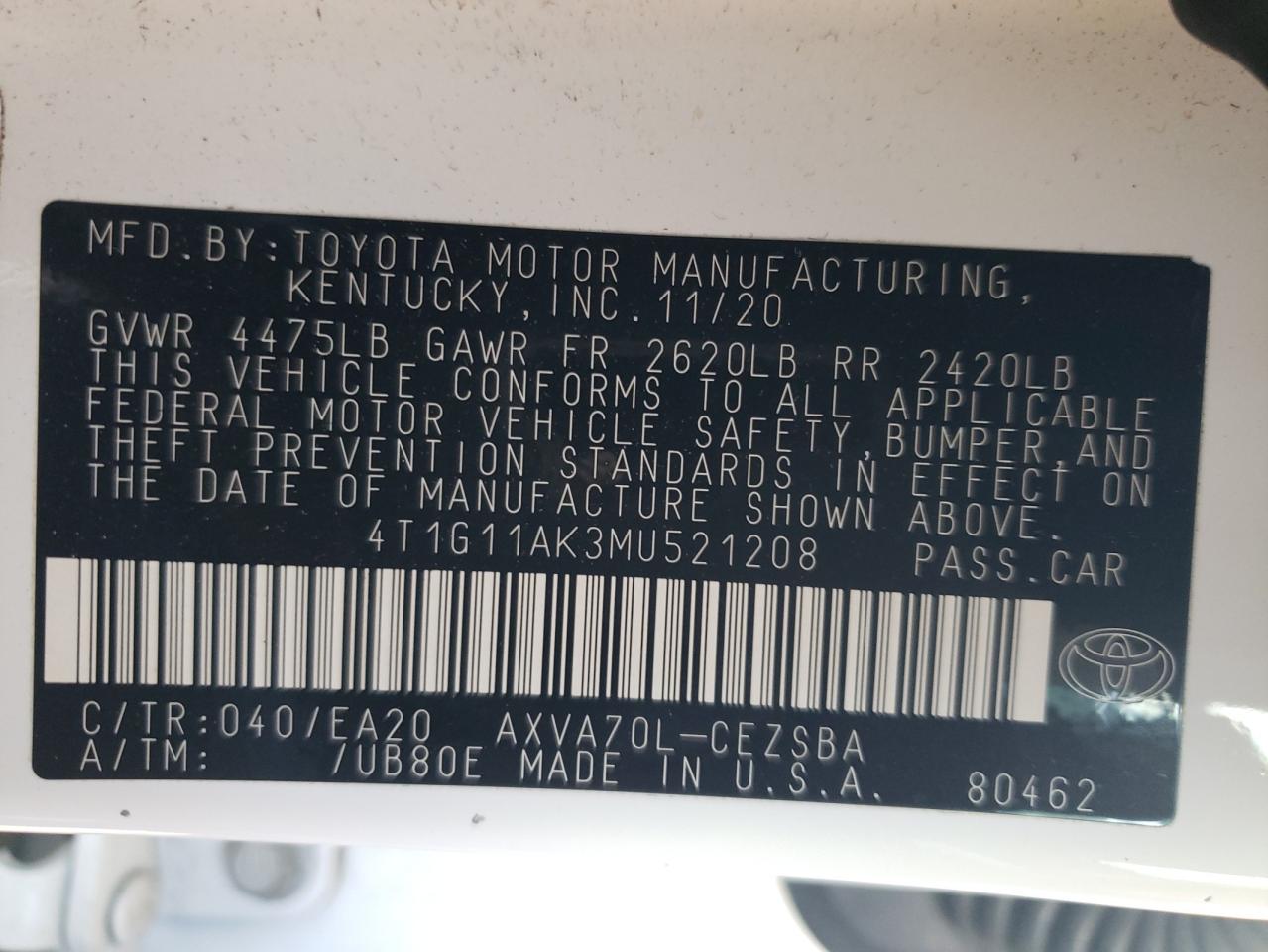 2021 Toyota Camry VIN 4T1G11AK3MU521208 Copart auction photo, front end / minor dent/scratches damage thumbnail 12