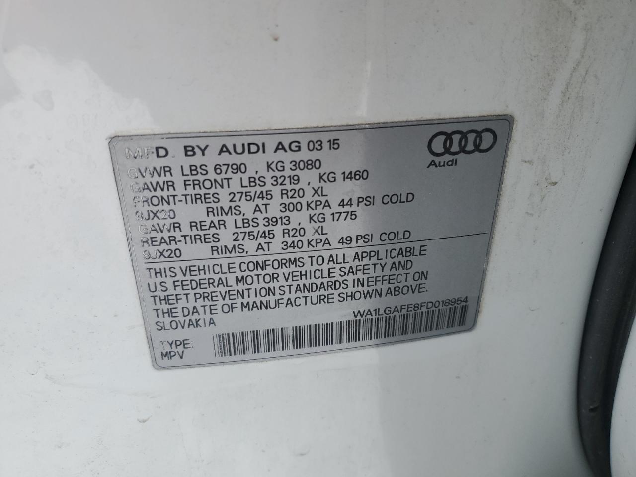 2015 Audi Q7 VIN WA1LGAFE8FD018954 Copart auction photo, all over damage thumbnail 13