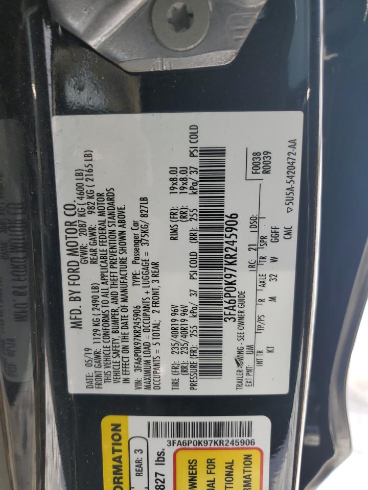 2019 Ford Fusion VIN 3FA6P0K97KR245906 Copart auction photo, front end damage thumbnail 12