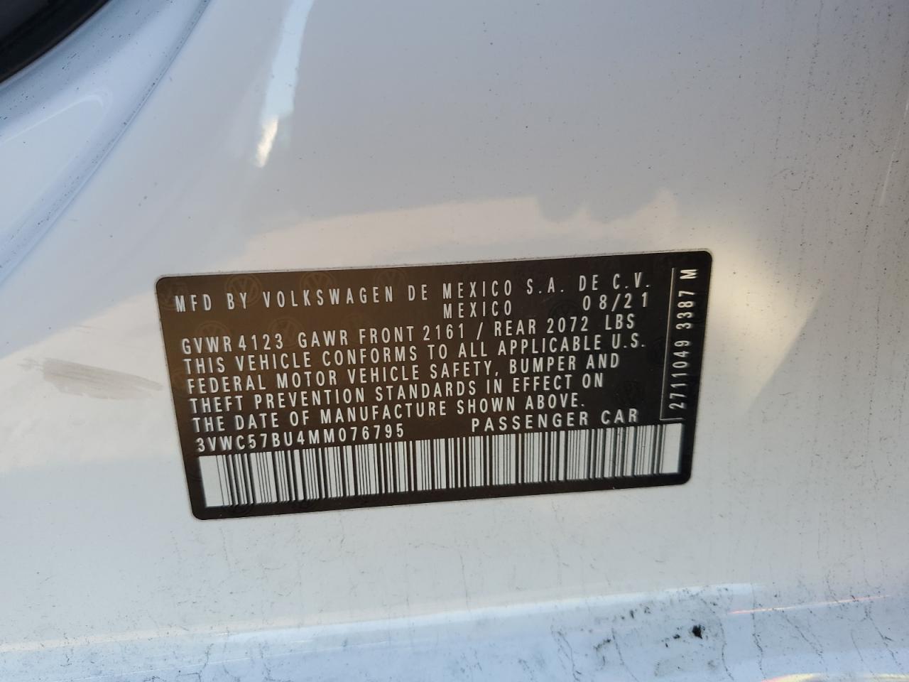 2021 Volkswagen Jetta VIN 3VWC57BU4MM076795 Copart auction photo, side damage thumbnail 12