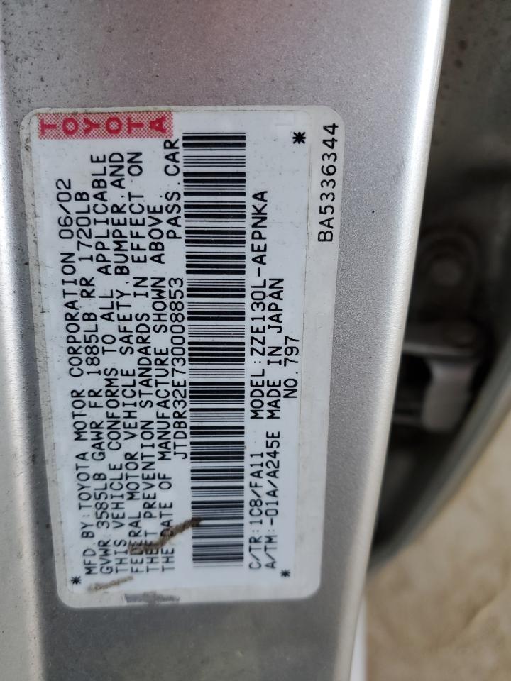 2003 Toyota Corolla VIN JTDBR32E730008853 Copart auction photo, minor dent/scratches damage thumbnail 12