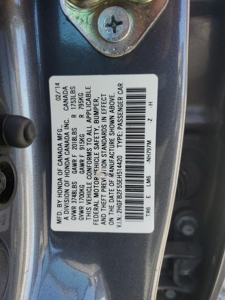 2014 Honda Civic VIN 2HGFB2F55EH514420 Copart auction photo, rear end / minor dent/scratches damage thumbnail 14