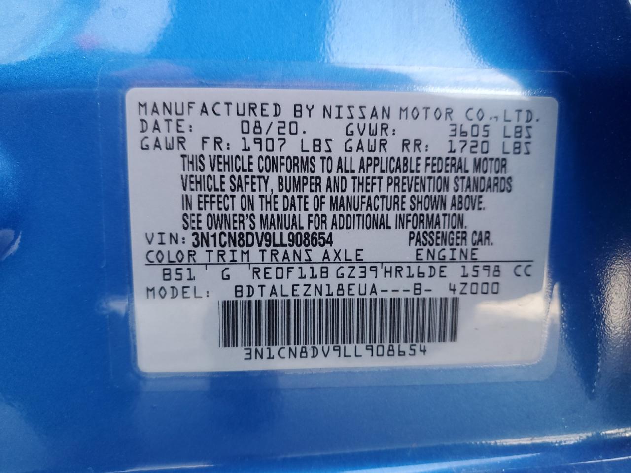 2020 Nissan Versa VIN 3N1CN8DV9LL908654 Copart auction photo, rear end damage thumbnail 15