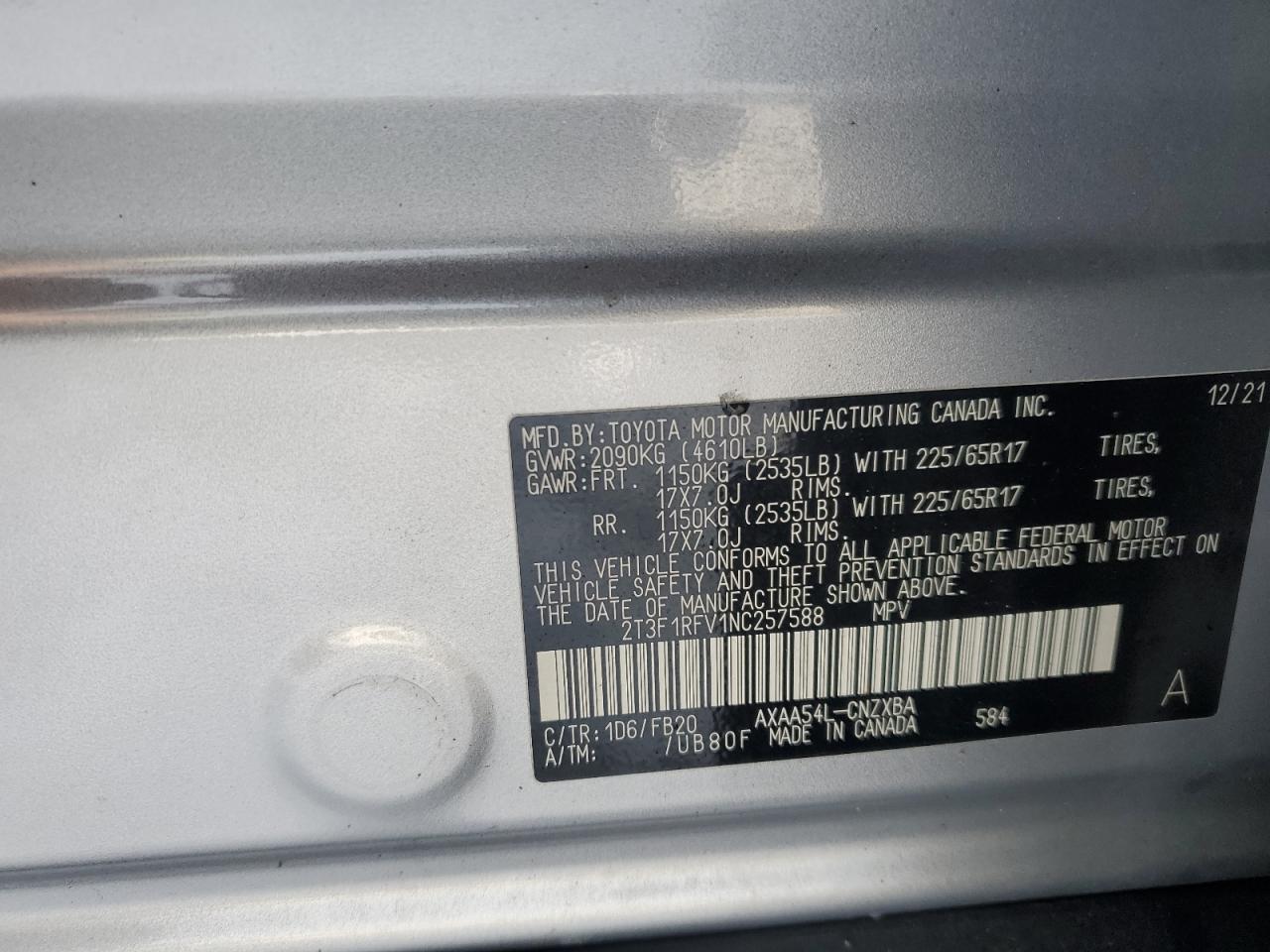 2022 Toyota RAV 4 VIN 2T3F1RFV1NC257588 Copart auction photo, side / front end damage thumbnail 13