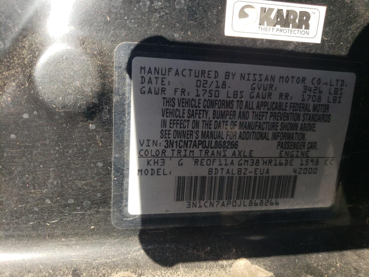 2018 Nissan Versa VIN 3N1CN7AP0JL868266 Copart auction photo, water/flood damage thumbnail 13