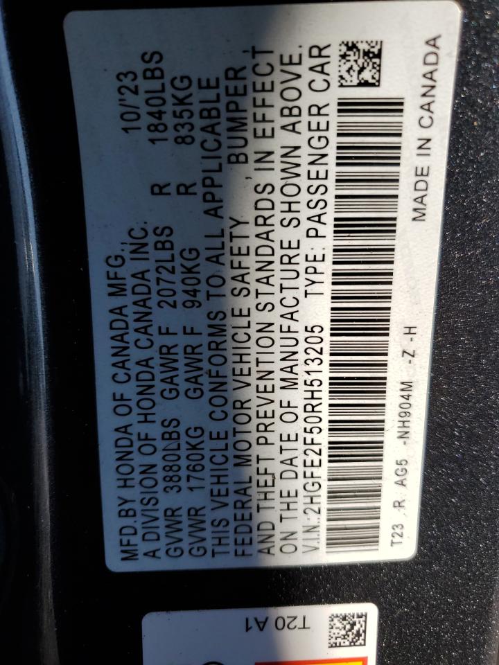 2024 Honda Civic VIN 2HGFE2F50RH513205 Copart auction photo, front end / undercarriage damage thumbnail 12