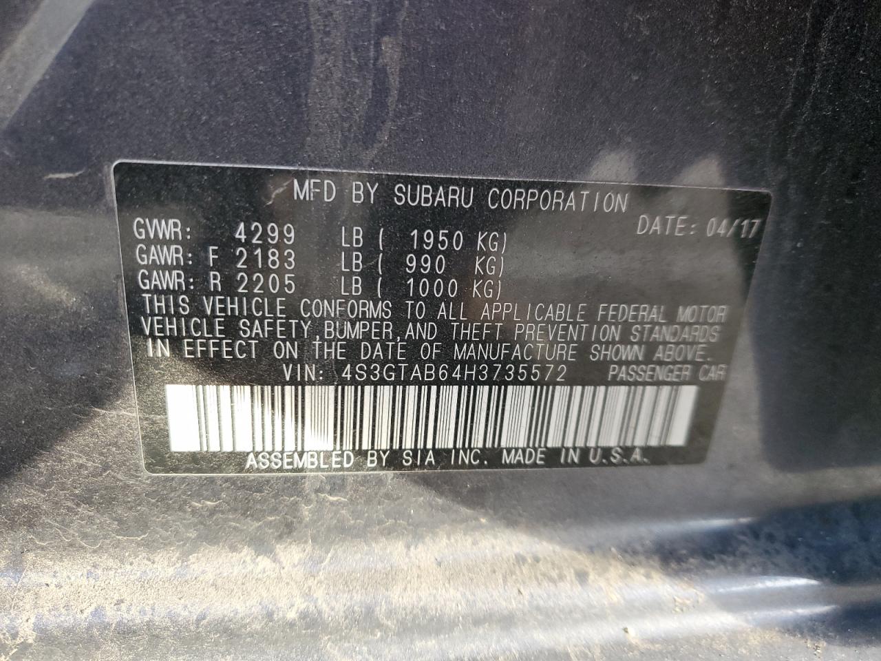 2017 Subaru Impreza VIN 4S3GTAB64H3735572 Copart auction photo, burn / minor dent/scratches damage thumbnail 13