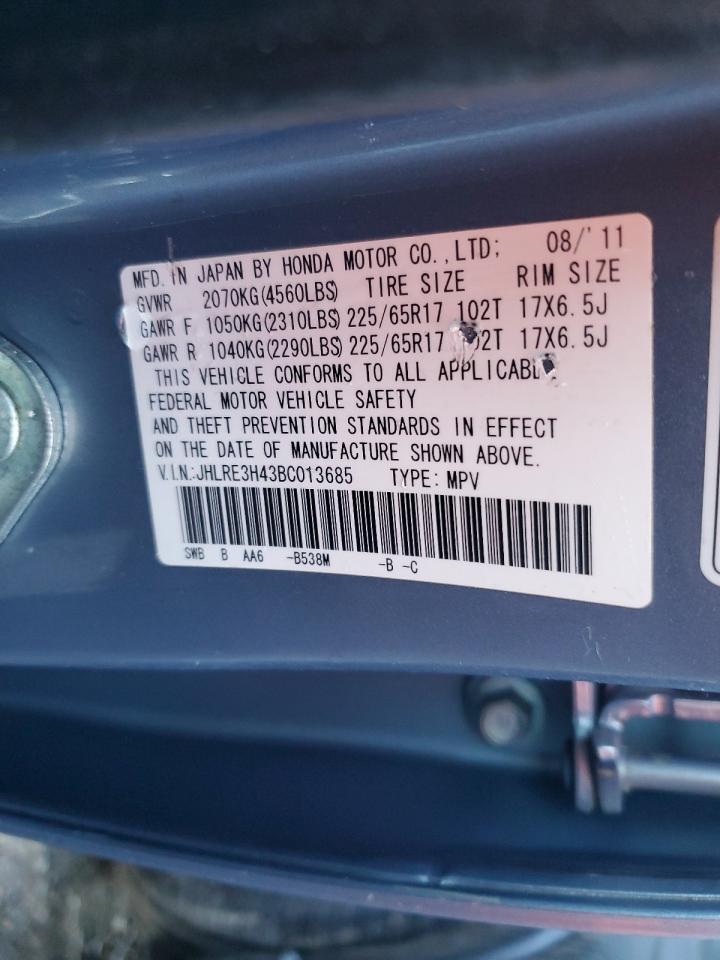 2011 Honda CR-V VIN JHLRE3H43BC013685 Copart auction photo, rear end damage thumbnail 14