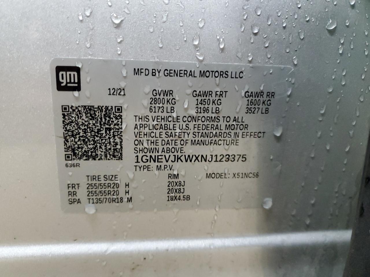 2022 Chevrolet Traverse VIN 1GNEVJKWXNJ123375 Copart auction photo, front end damage thumbnail 13