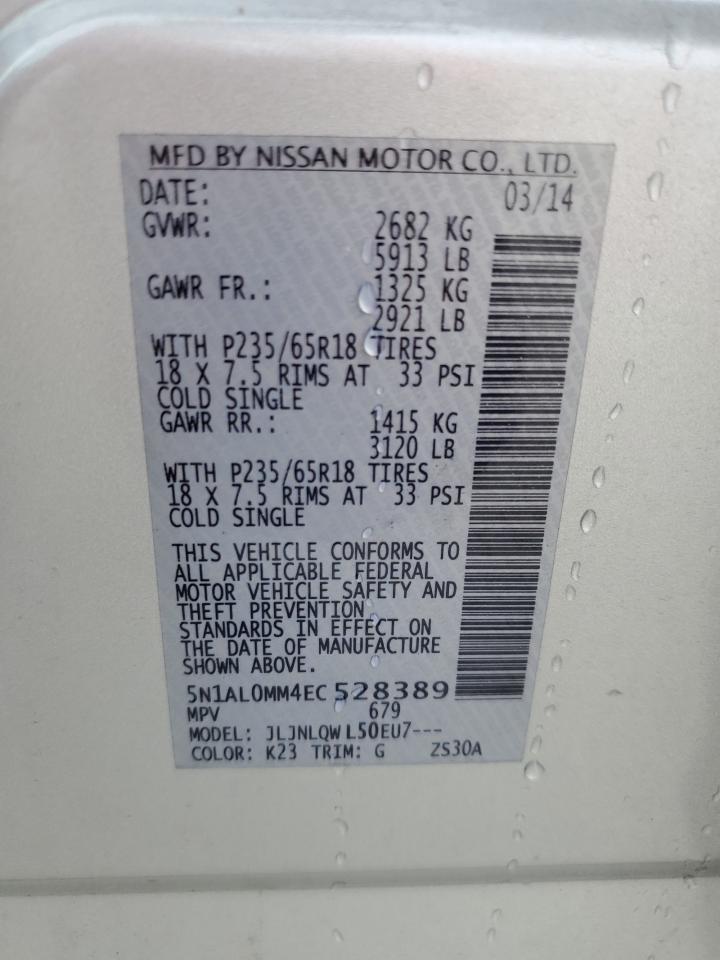 2014 Infiniti QX60 VIN 5N1AL0MM4EC528389 Copart auction photo, rear end / side damage thumbnail 14