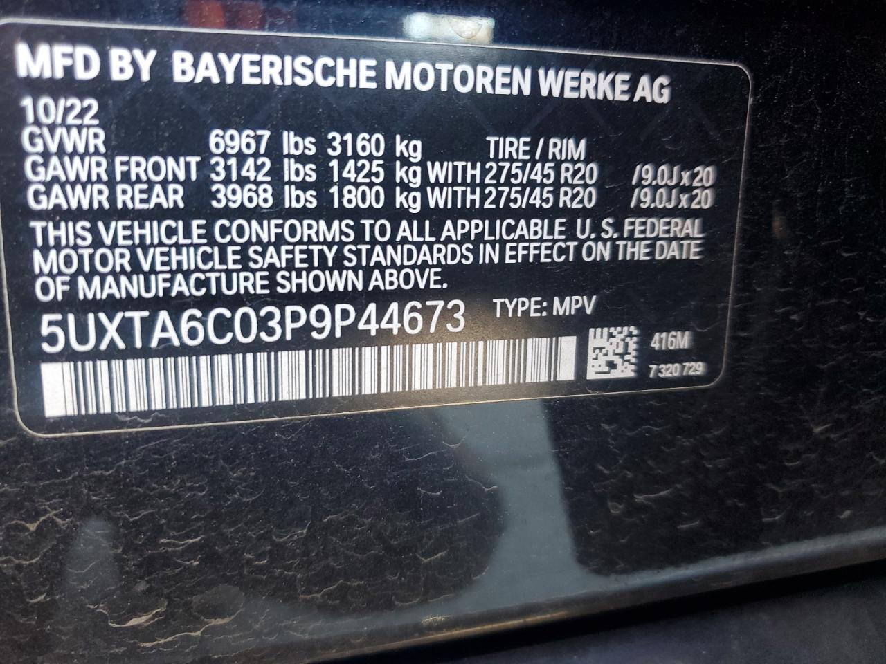 2023 BMW X5 VIN 5UXTA6C03P9P44673 Copart auction photo, rear end / front end damage thumbnail 14