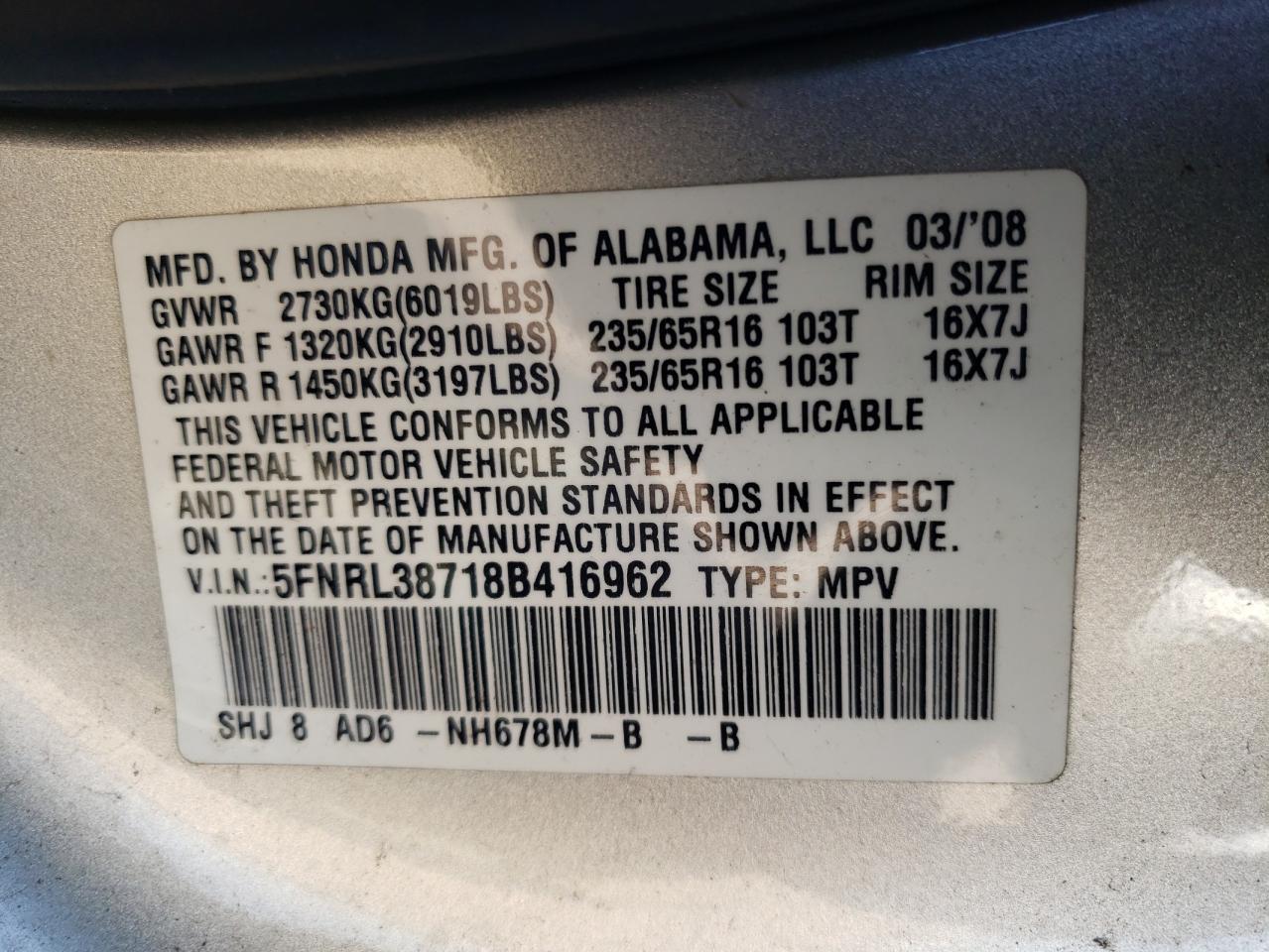 2008 Honda Odyssey VIN 5FNRL38718B416962 Copart auction photo, front end damage thumbnail 13