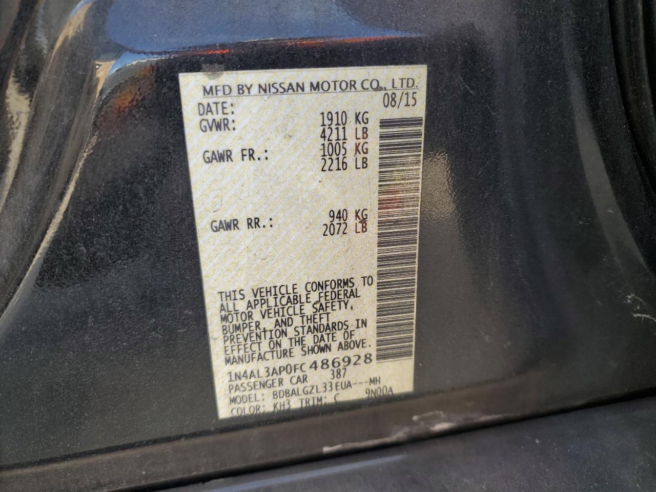 2015 Nissan Altima VIN 1N4AL3AP0FC486928 Copart auction photo, side damage thumbnail 12