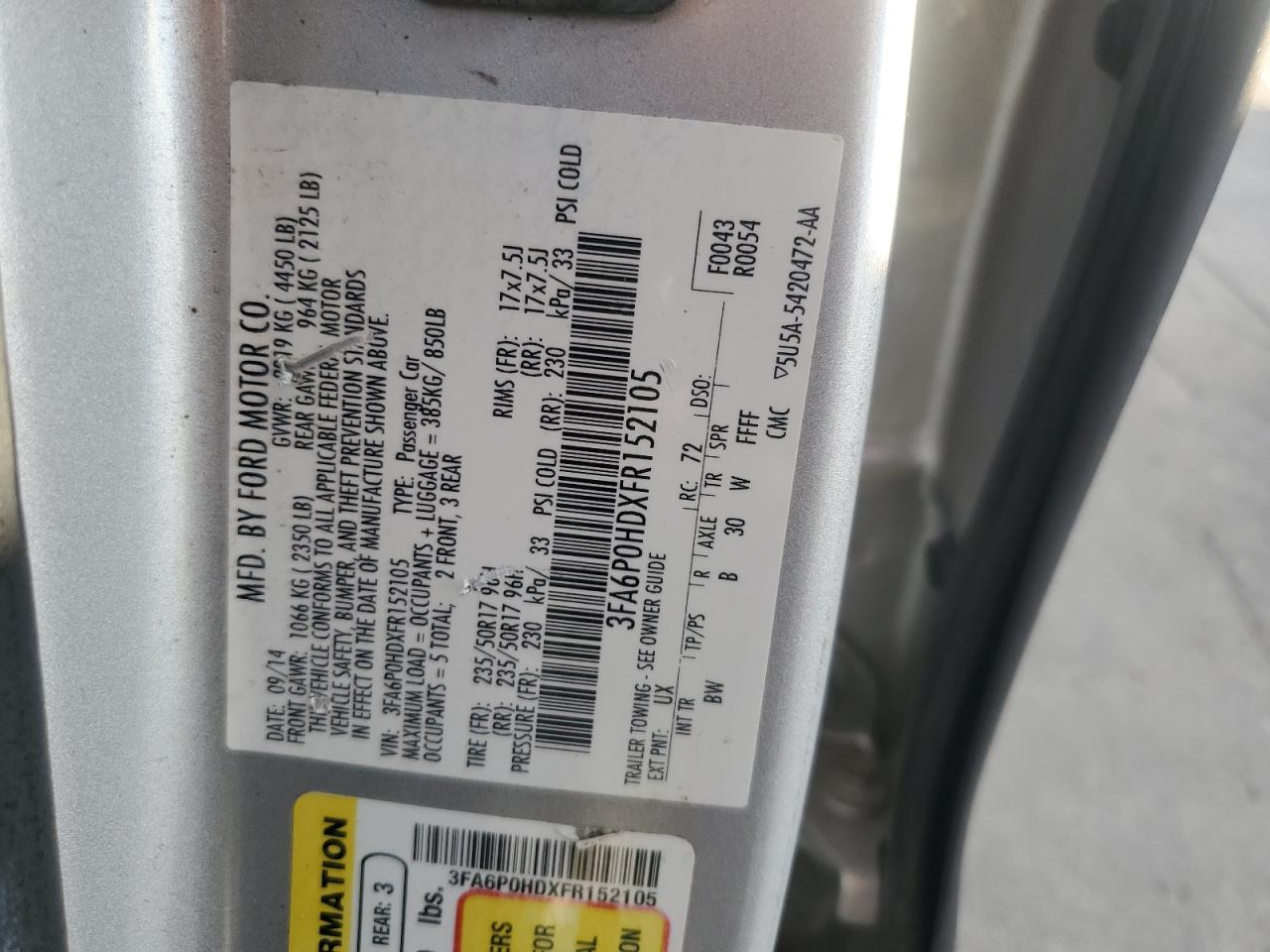 2015 Ford Fusion VIN 3FA6P0HDXFR152105 Copart auction photo, side damage thumbnail 12