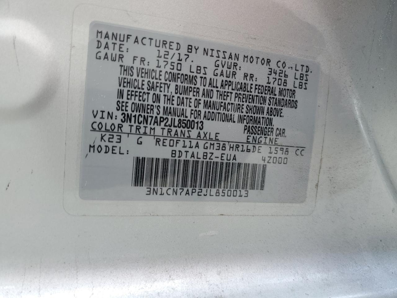 2018 Nissan Versa VIN 3N1CN7AP2JL850013 Copart auction photo, front end damage thumbnail 13