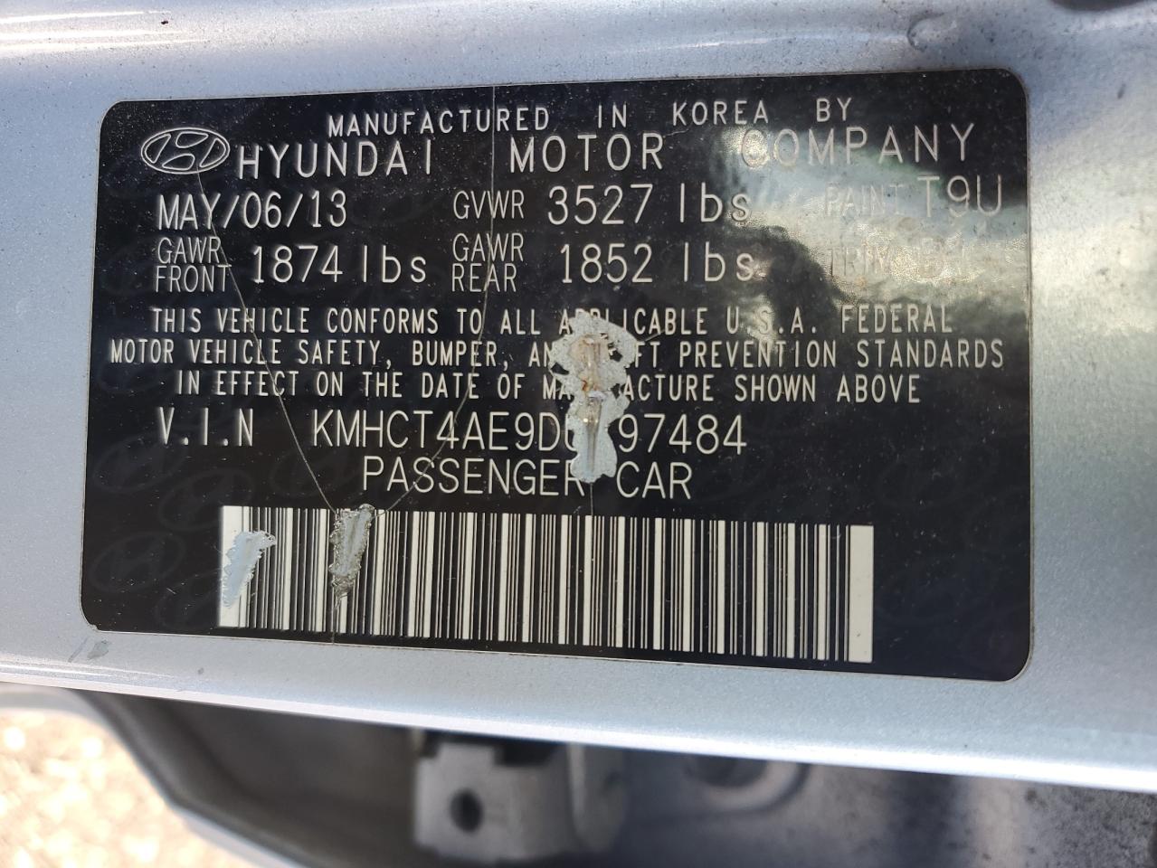 2013 Hyundai Accent VIN KMHCT4AE9DU497484 Copart auction photo, all over / rollover damage thumbnail 13