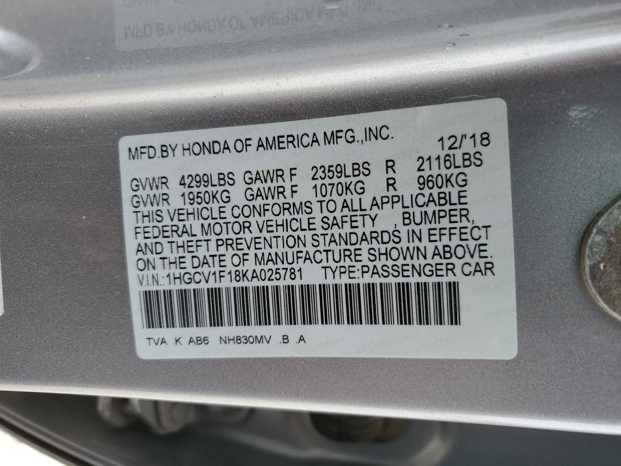 2019 Honda Accord VIN 1HGCV1F18KA025781 Copart auction photo, water/flood damage thumbnail 15