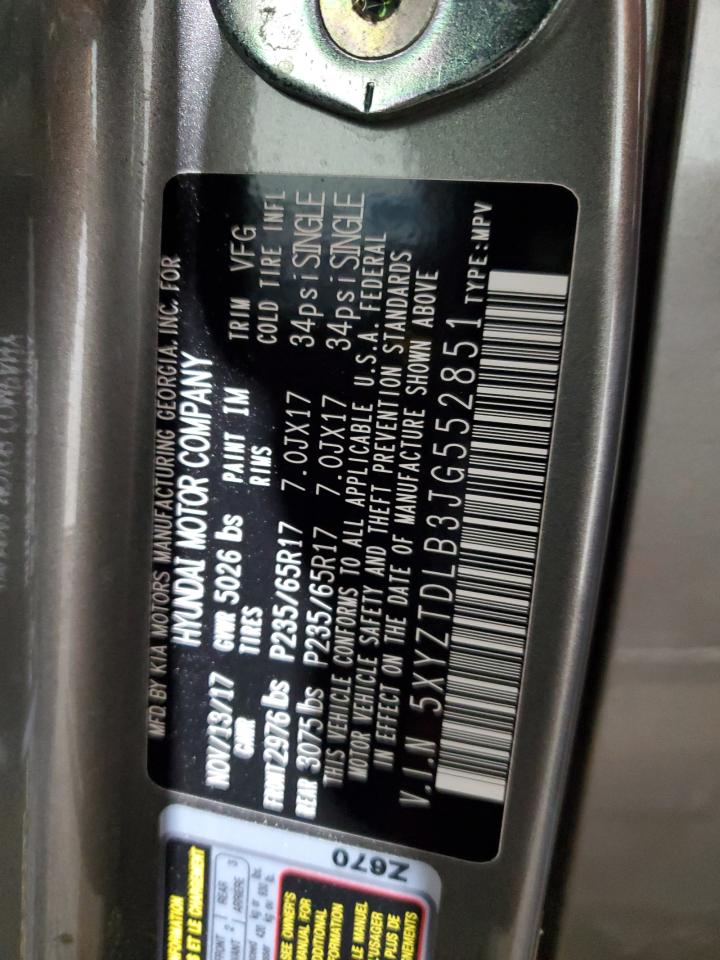 2018 Hyundai Santa Fe VIN 5XYZTDLB3JG552851 Copart auction photo, front end damage thumbnail 14