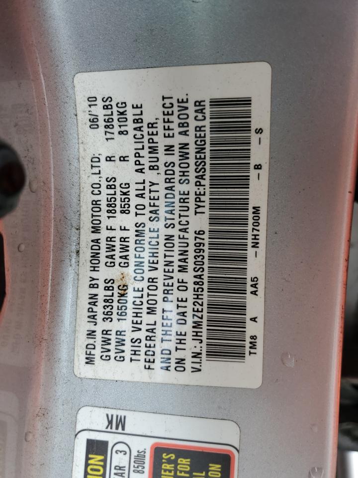 2010 Honda Insight VIN JHMZE2H58AS039976 Copart auction photo, all over damage thumbnail 12