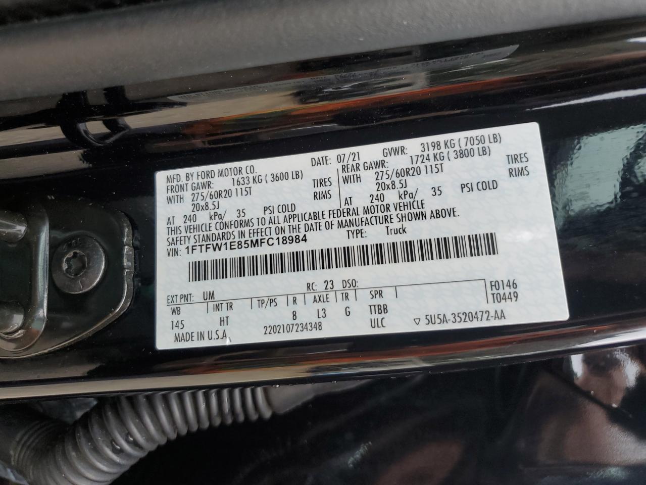 2021 Ford F-150 VIN 1FTFW1E85MFC18984 Copart auction photo, front end damage thumbnail 15