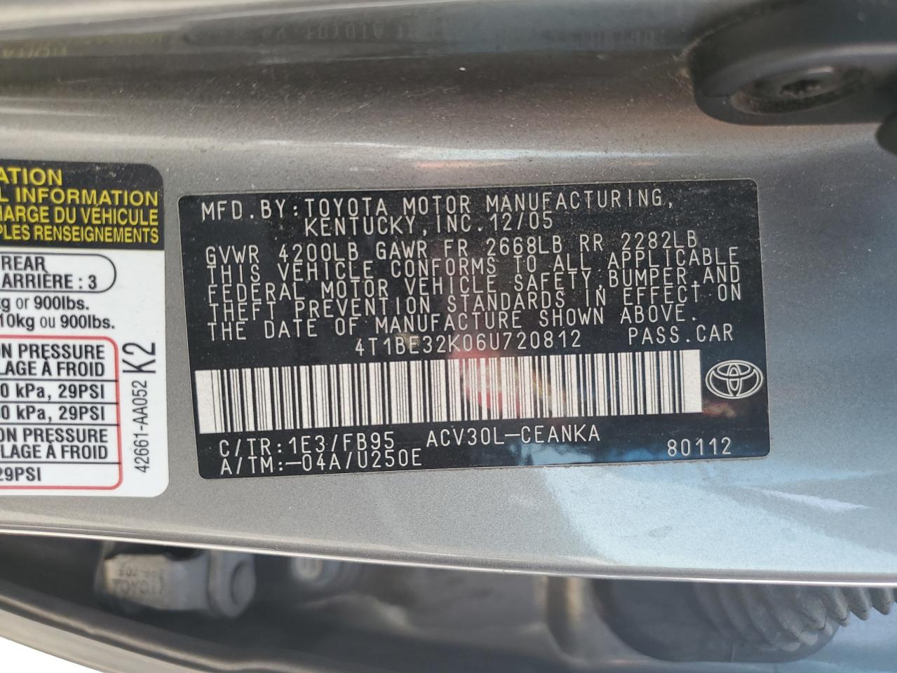 2006 Toyota Camry VIN 4T1BE32K06U720812 Copart auction photo, front end damage thumbnail 14