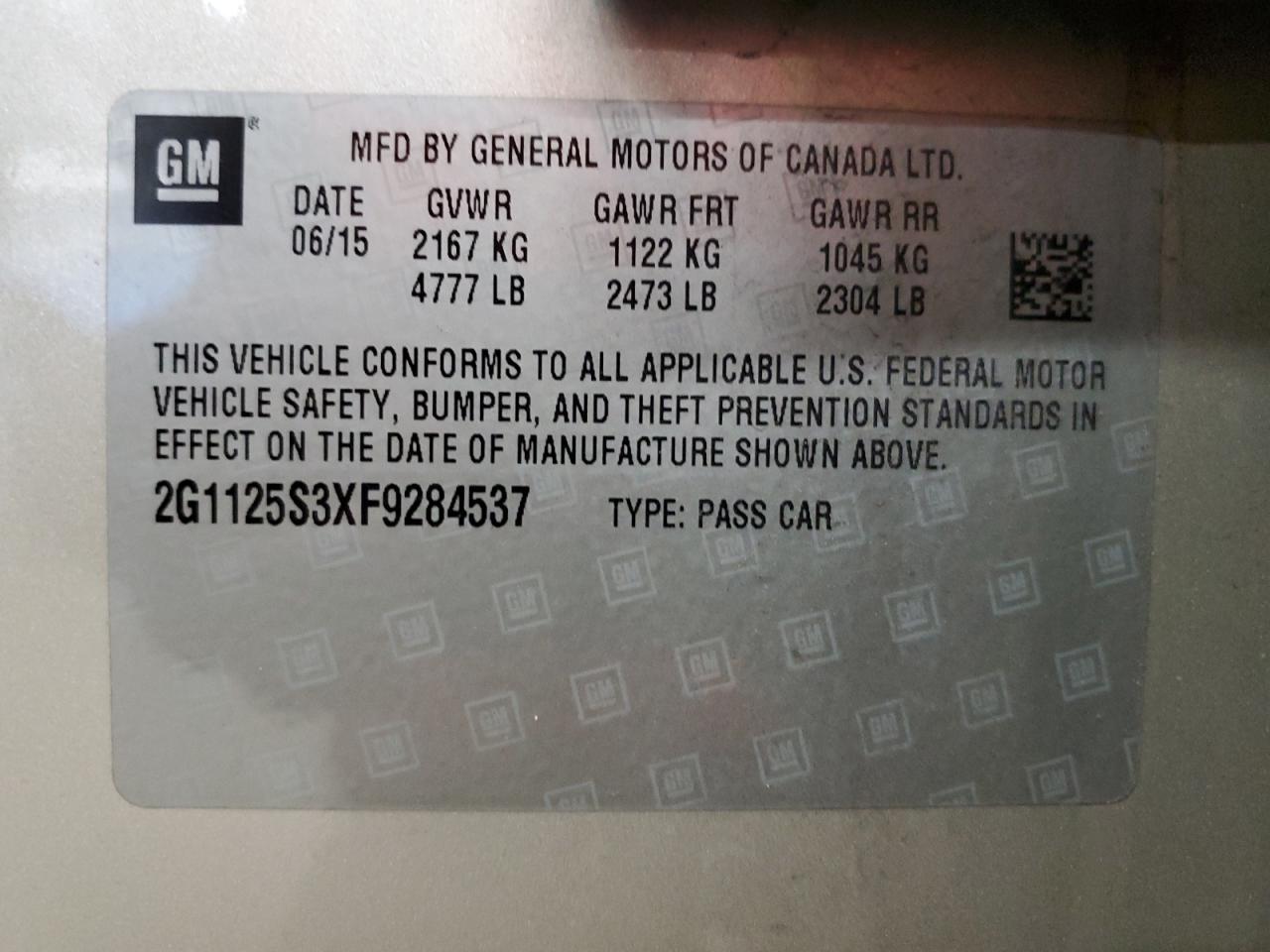 2015 Chevrolet Impala VIN 2G1125S3XF9284537 Copart auction photo, front end / rear end damage thumbnail 12