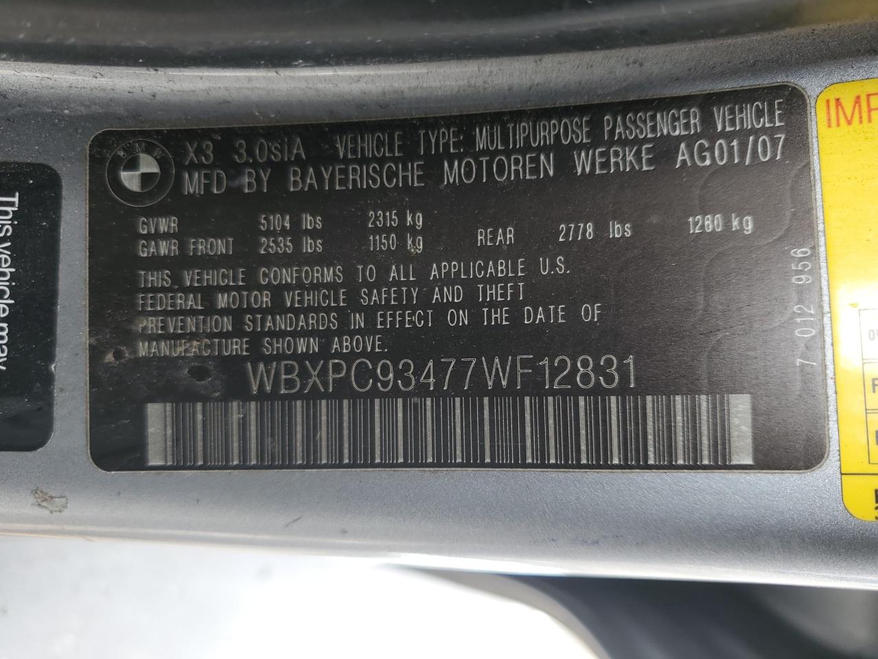 2007 BMW X3 VIN WBXPC93477WF12831 Copart auction photo, front end / rear end damage thumbnail 13