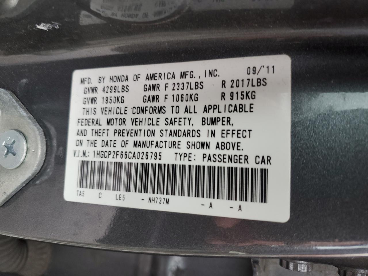 2012 Honda Accord VIN 1HGCP2F66CA026795 Copart auction photo, front end / rear end damage thumbnail 12
