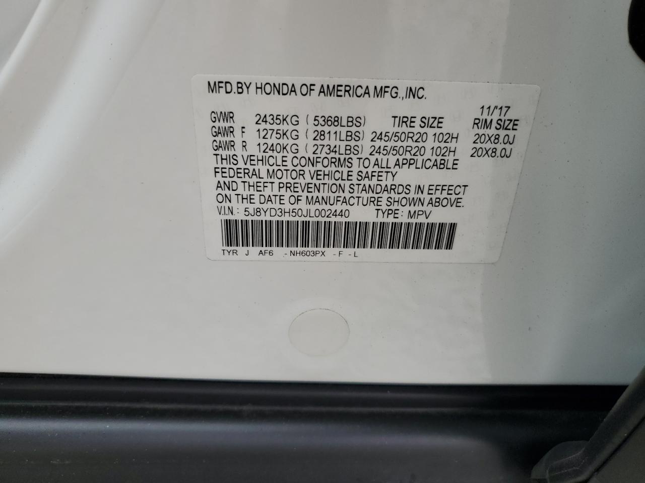 2018 Acura MDX VIN 5J8YD3H50JL002440 Copart auction photo, front end / undercarriage damage thumbnail 13
