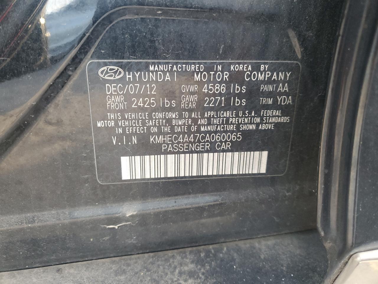 2012 Hyundai Sonata VIN KMHEC4A47CA060065 Copart auction photo, front end / rear end damage thumbnail 12