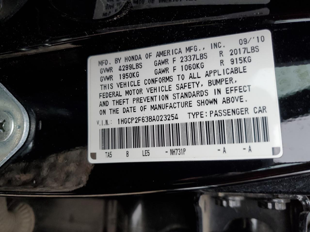 2011 Honda Accord VIN 1HGCP2F63BA023254 Copart auction photo, front end damage thumbnail 12