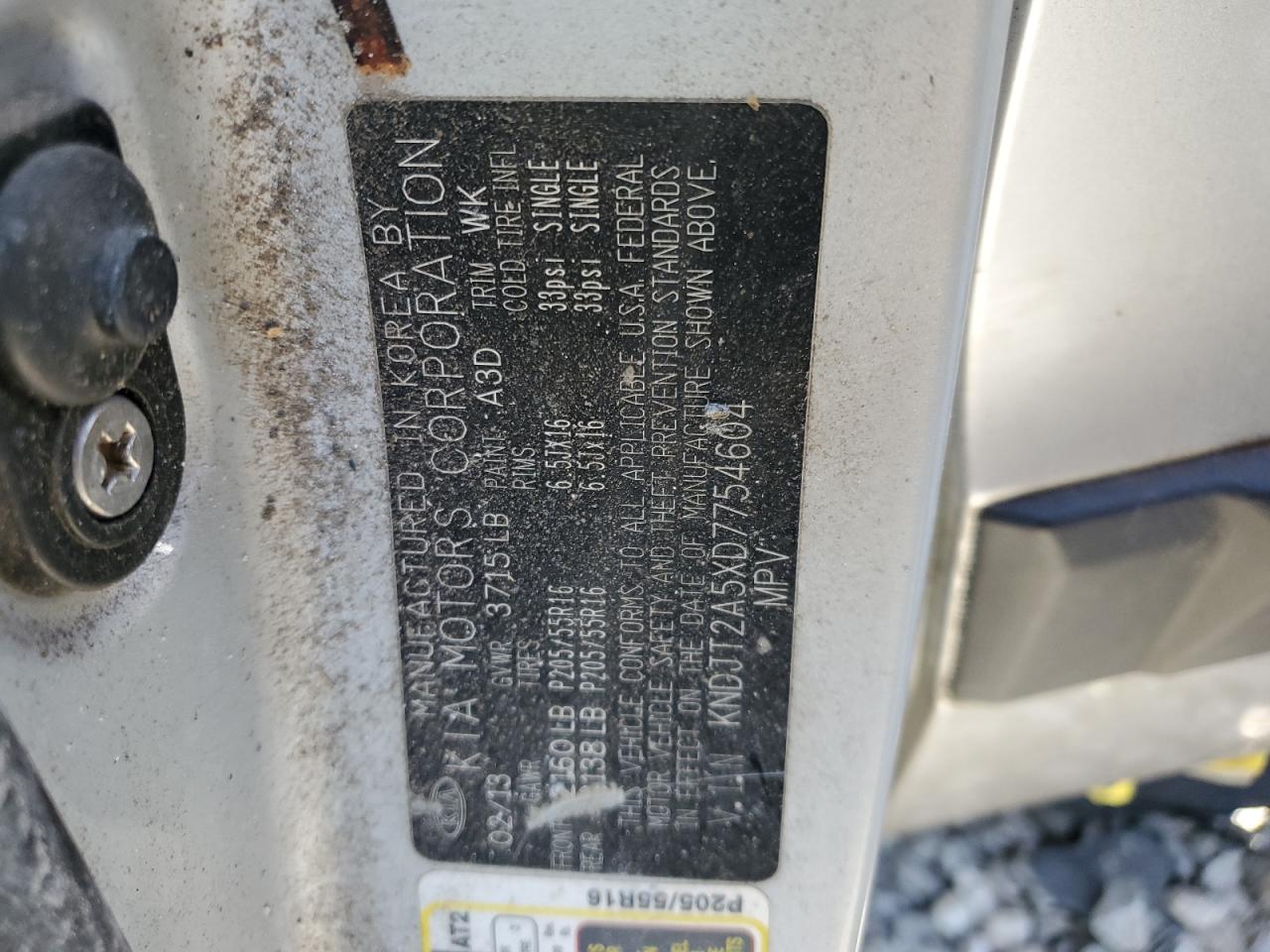 2013 KIA Soul VIN KNDJT2A5XD7754604 Copart auction photo, front end damage thumbnail 13