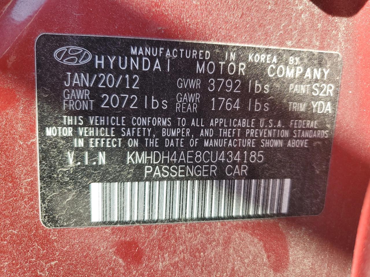 2012 Hyundai Elantra VIN KMHDH4AE8CU434185 Copart auction photo, rear end damage thumbnail 12