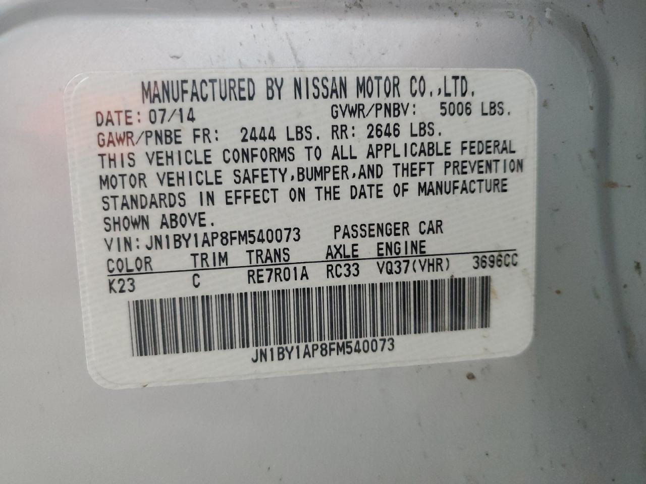 2015 Infiniti Q70 VIN JN1BY1AP8FM540073 Copart auction photo, front end / rear end damage thumbnail 12