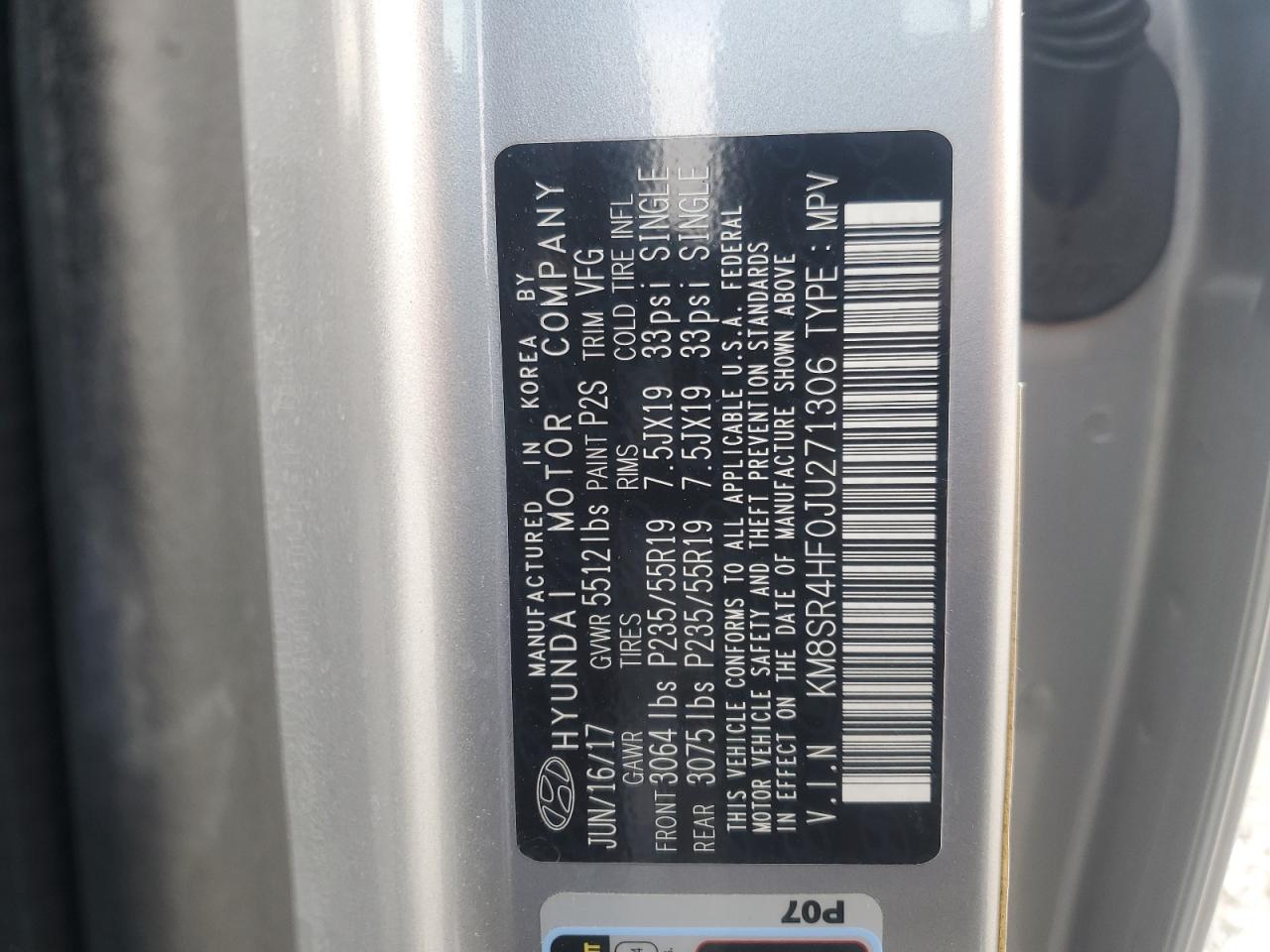 2018 Hyundai Santa Fe VIN KM8SR4HF0JU271306 Copart auction photo, front end / side damage thumbnail 14
