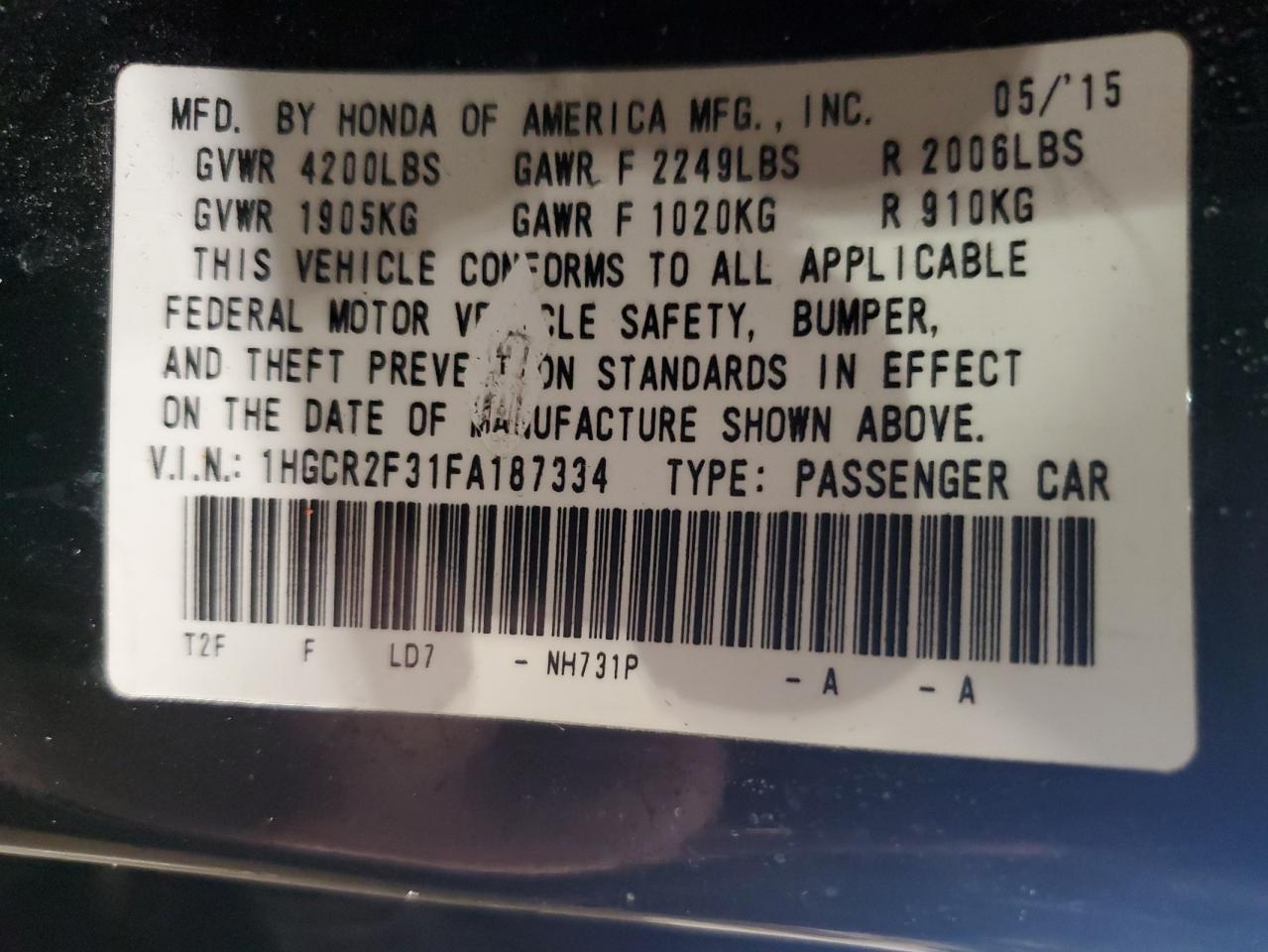 2015 Honda Accord VIN 1HGCR2F31FA187334 Copart auction photo, all over damage thumbnail 12