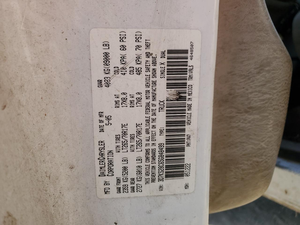 2005 Dodge RAM VIN 3D7KS28C65G848499 Copart auction photo, mechanical damage thumbnail 12