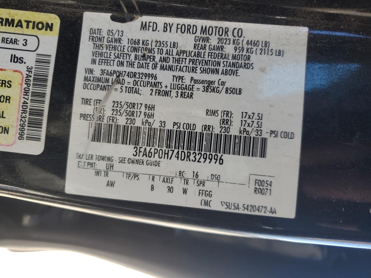 2013 Ford Fusion VIN 3FA6P0H74DR329996 Copart auction photo, front end / side damage thumbnail 13