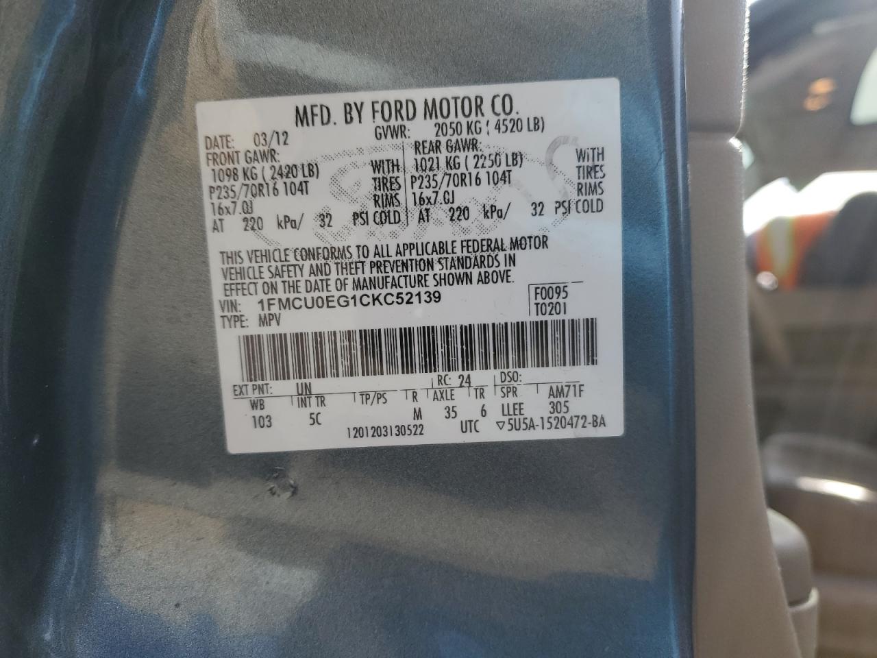 2012 Ford Escape VIN 1FMCU0EG1CKC52139 Copart auction photo, top/roof / side damage thumbnail 14