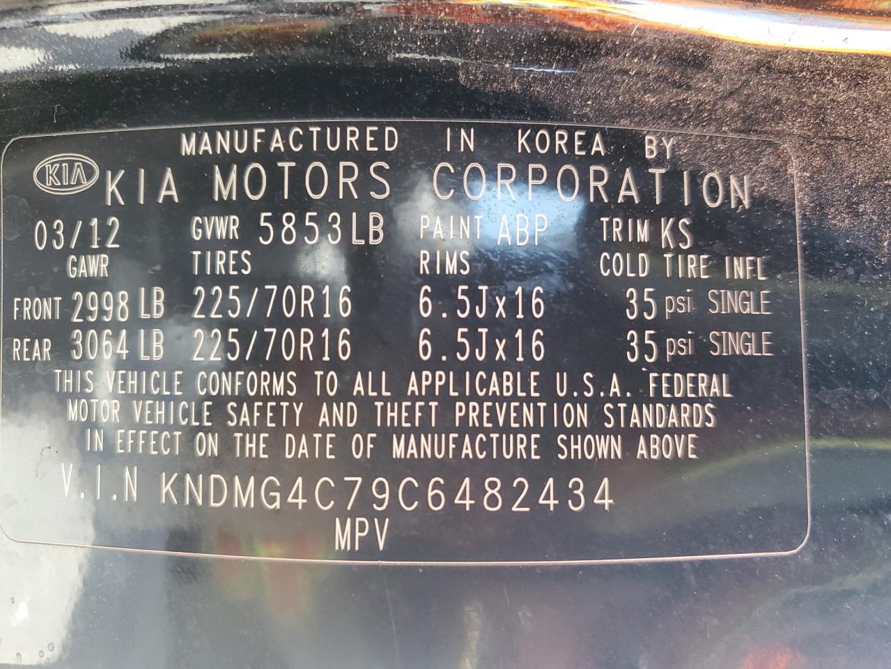 2012 KIA Sedona VIN KNDMG4C79C6482434 Copart auction photo, mechanical damage thumbnail 13