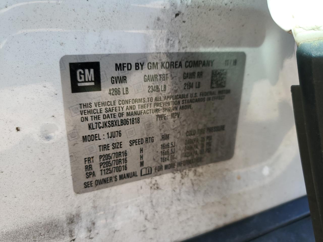 2020 Chevrolet Trax VIN KL7CJKSBXLB061818 Copart auction photo, front end damage thumbnail 13