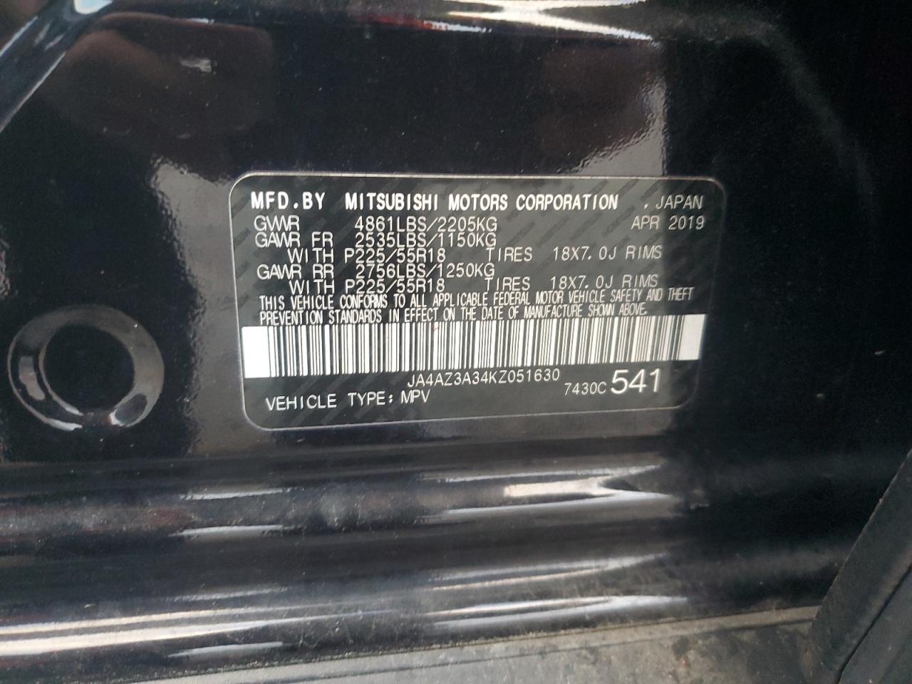 2019 Mitsubishi Outlander VIN JA4AZ3A34KZ051630 Copart auction photo, front end / minor dent/scratches damage thumbnail 13