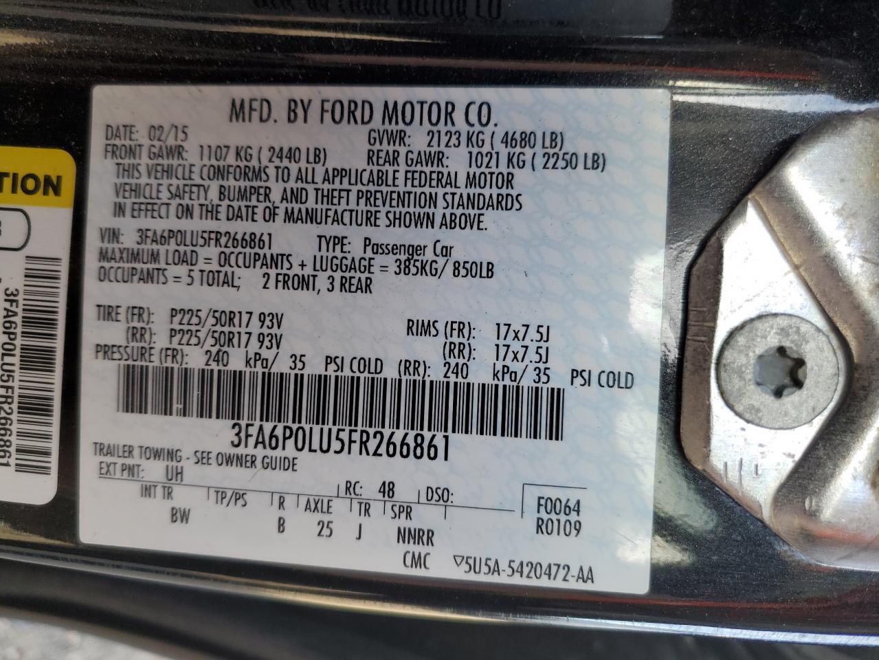 2015 Ford Fusion VIN 3FA6P0LU5FR266861 Copart auction photo, rear end damage thumbnail 13