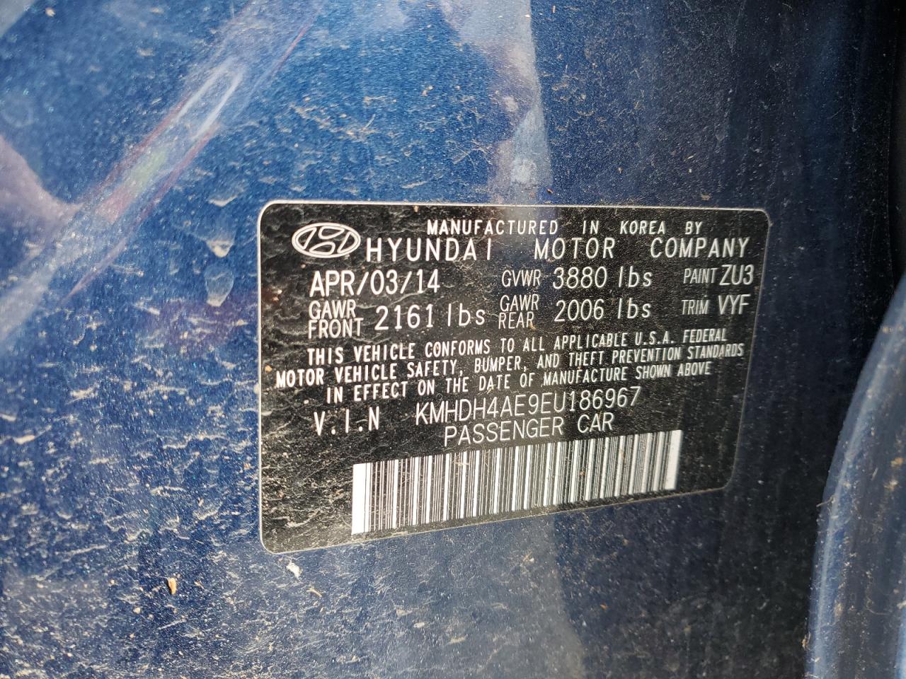 2014 Hyundai Elantra VIN KMHDH4AE9EU186967 Copart auction photo, front end / rear end damage thumbnail 13