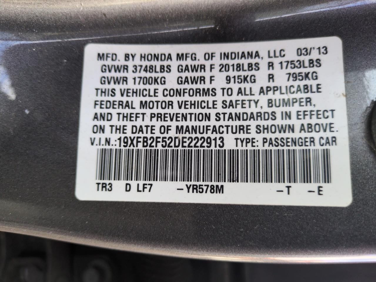 2013 Honda Civic VIN 19XFB2F52DE222913 Copart auction photo, front end damage thumbnail 13